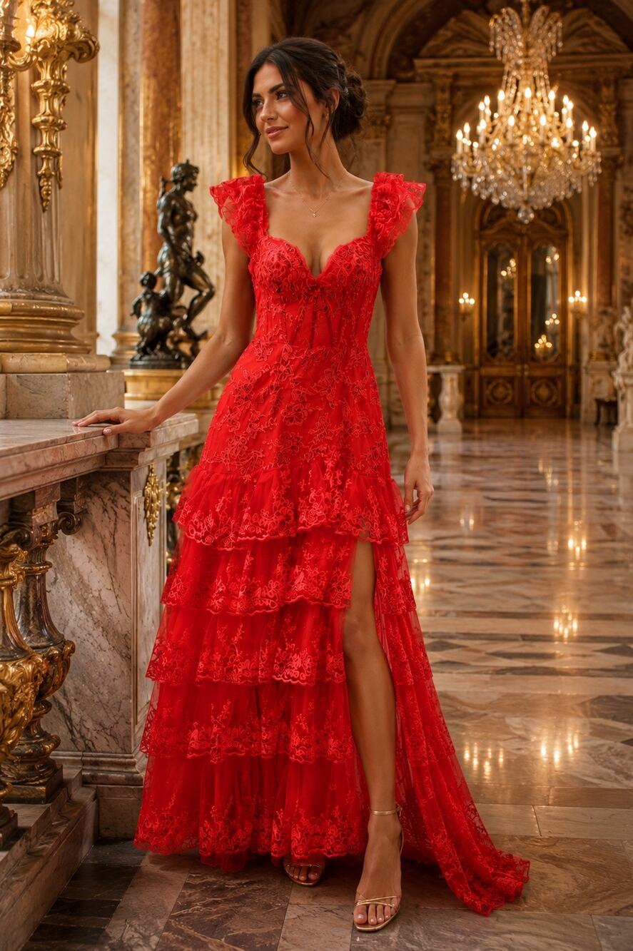 Charming Red Señorita Lace Gown Maxi Dress | Size Small (US 4–6) ❤️